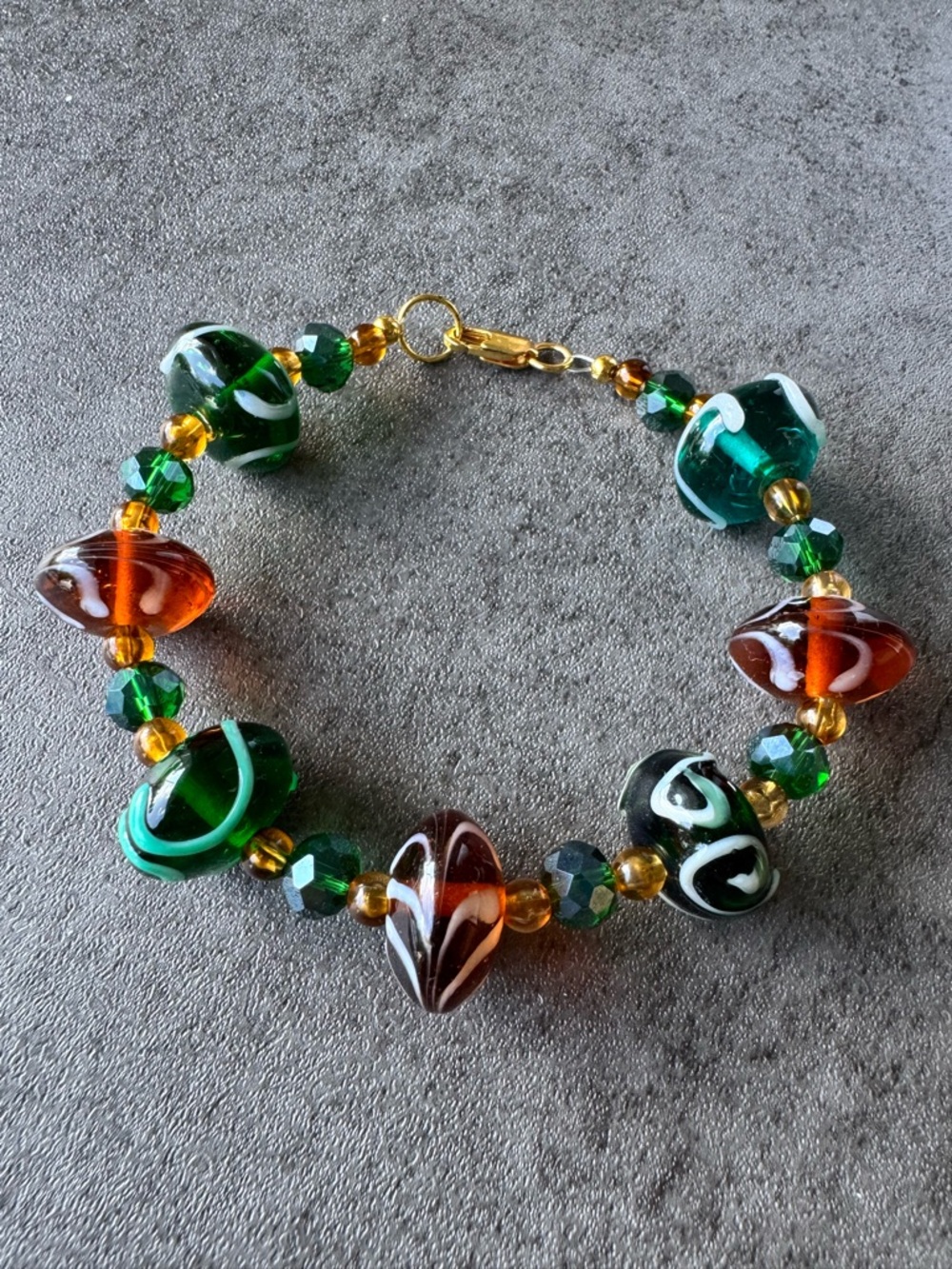 Handcrafted Green and Amber Glass Lampwork Bead Bracelet